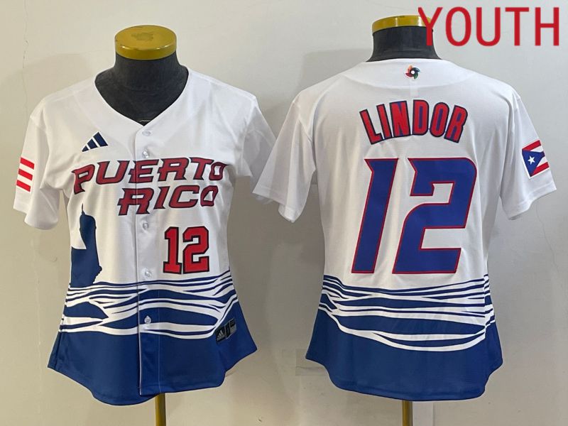 Youth 2023 World Cub Puerto Rico 12 Lindor White MLB Jersey8